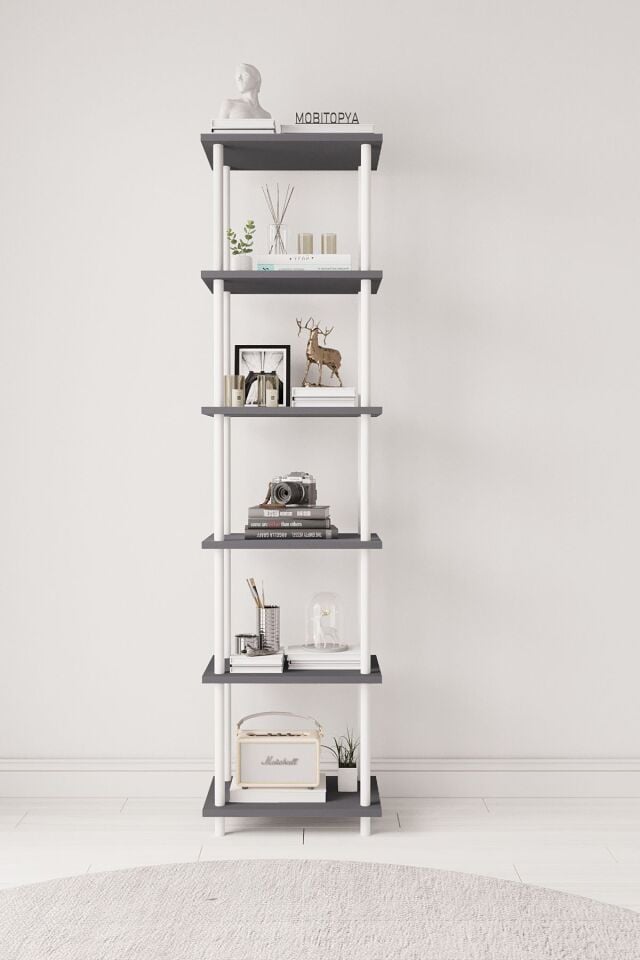Mobitopya Çevir Kur 45 cm  Kitaplık | Modern, Fonksiyonel, Estetik Antrasit - Beyaz Demir
