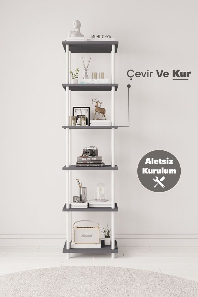Mobitopya Çevir Kur 45 cm  Kitapık | Modern, Fonksiyonel, Estetik Antrasit - Beyaz Demir