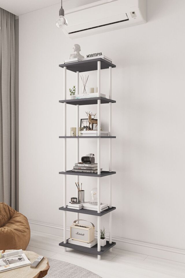 Mobitopya Çevir Kur 45 cm  Kitaplık | Modern, Fonksiyonel, Estetik Antrasit - Beyaz Demir