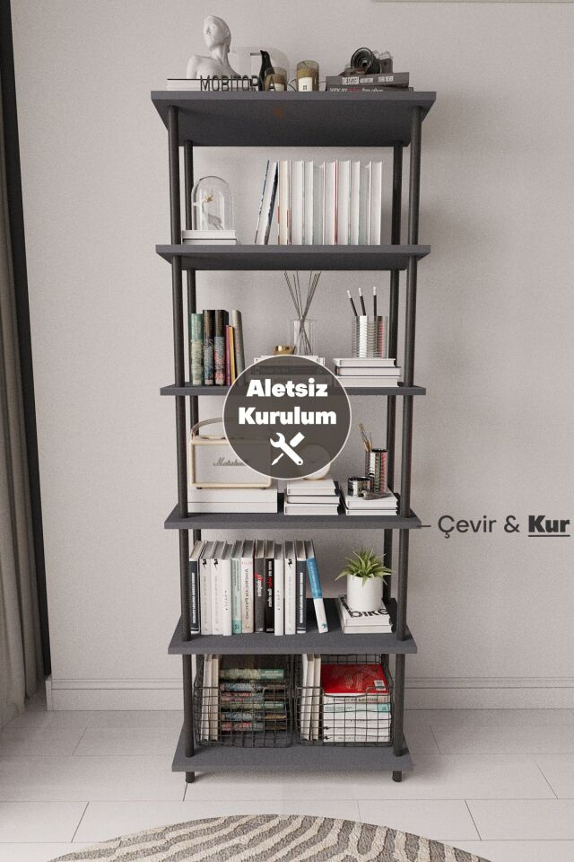 Mobitopya Çevir Kur   65 cm  Kitapık | Modern, Fonksiyonel, Estetik Antrasit