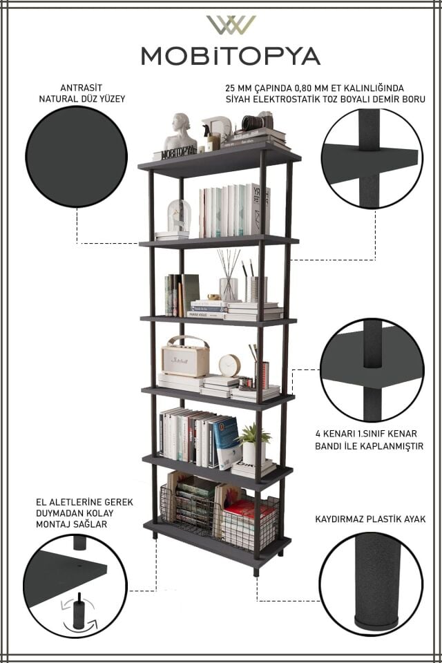 Mobitopya Çevir Kur   65 cm  Kitaplık | Modern, Fonksiyonel, Estetik Antrasit
