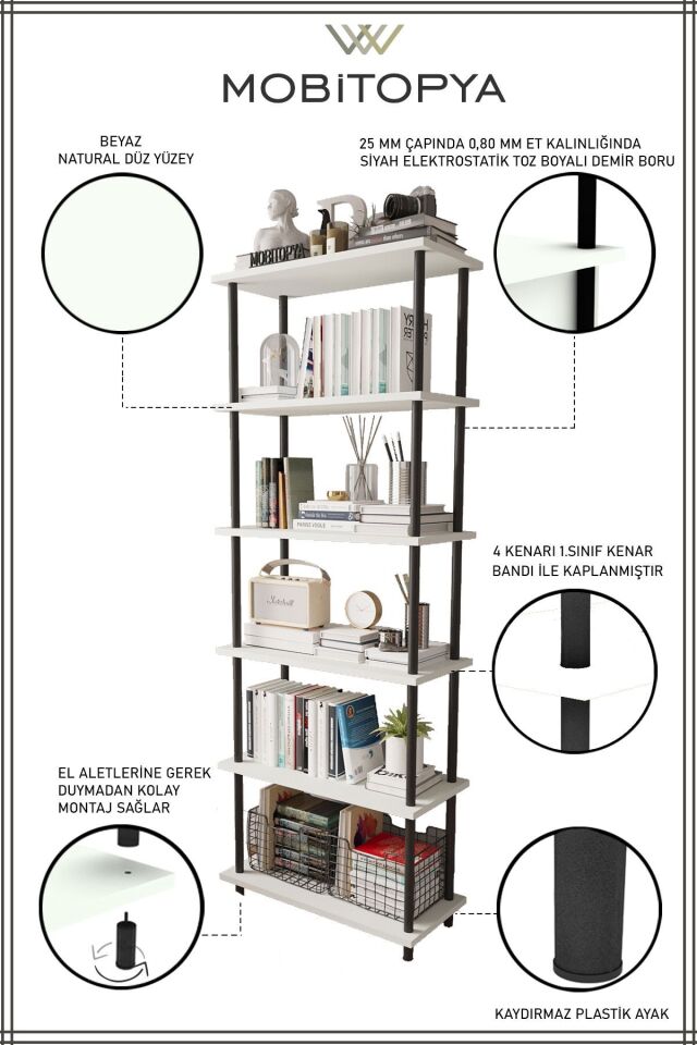 Mobitopya Çevir Kur   65 cm  Kitaplık | Modern, Fonksiyonel, Estetik Beyaz