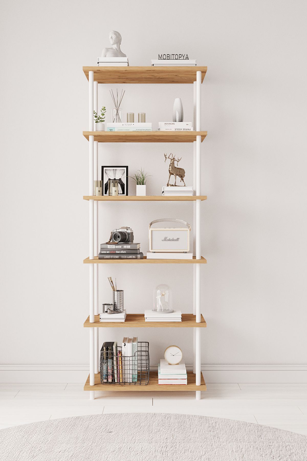 Mobitopya Çevir Kur   65 cm  Kitaplık | Modern, Fonksiyonel, Estetik Atlantik Çam - Beyaz Demir