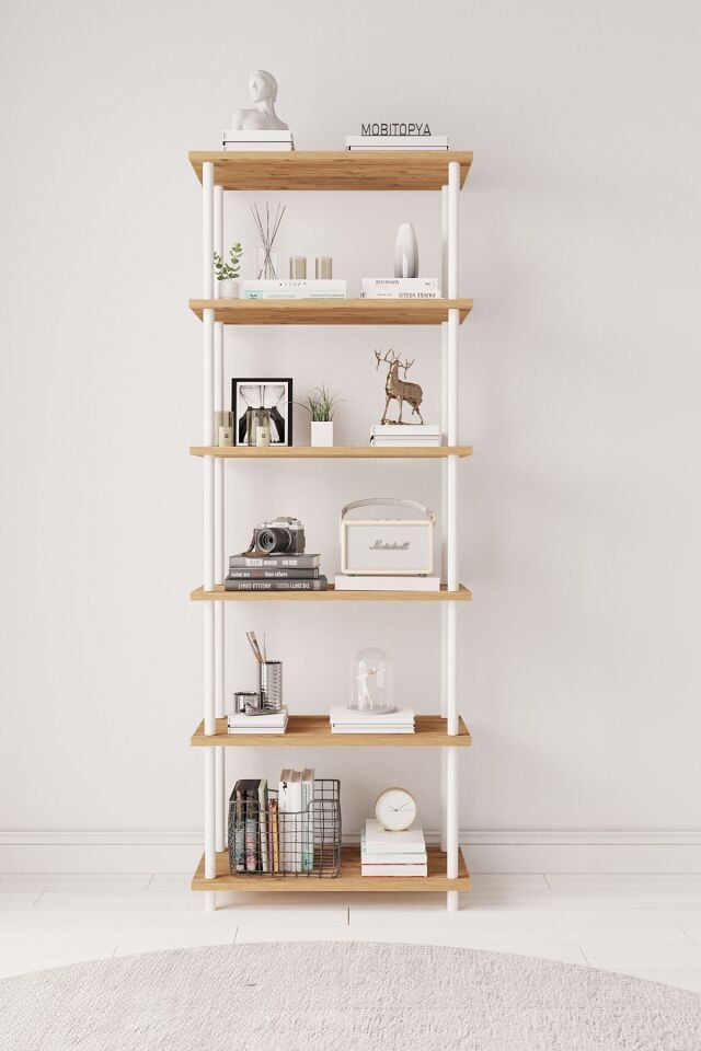 Mobitopya Çevir Kur   65 cm  Kitaplık | Modern, Fonksiyonel, Estetik Atlantik Çam - Beyaz Demir