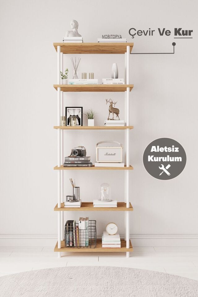 Mobitopya Çevir Kur   65 cm  Kitaplık | Modern, Fonksiyonel, Estetik Atlantik Çam - Beyaz Demir
