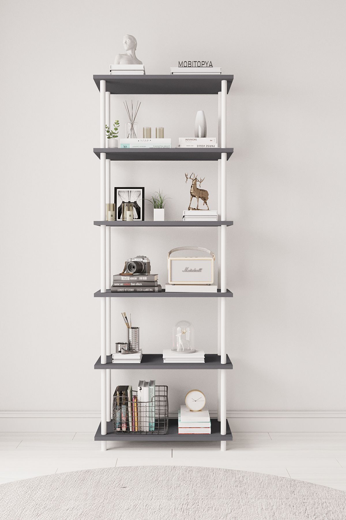 Mobitopya Çevir Kur   65 cm  Kitaplık | Modern, Fonksiyonel, Estetik Antrasit - Beyaz Demir