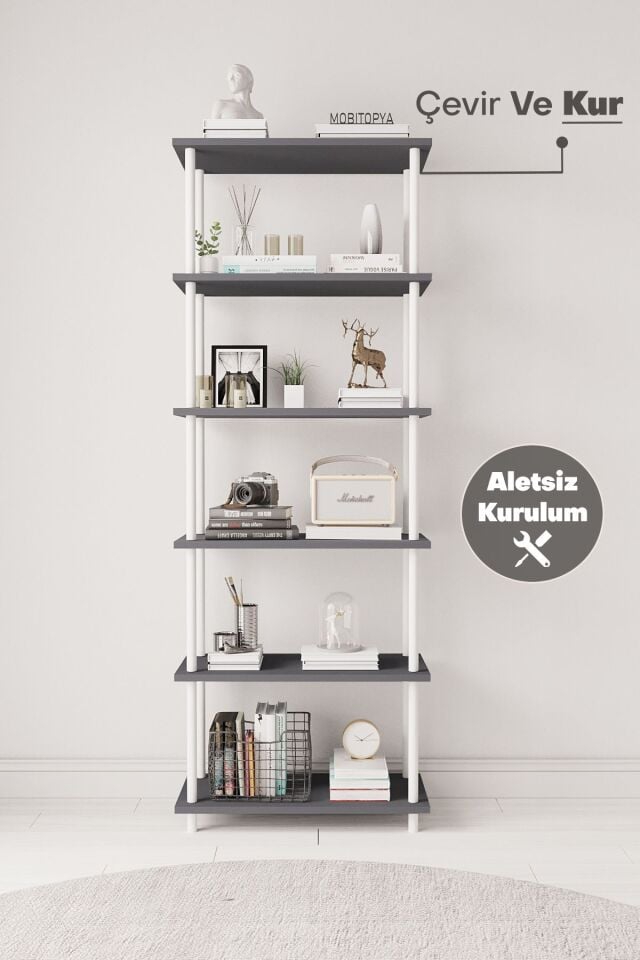 Mobitopya Çevir Kur   65 cm  Kitaplık | Modern, Fonksiyonel, Estetik Antrasit - Beyaz Demir