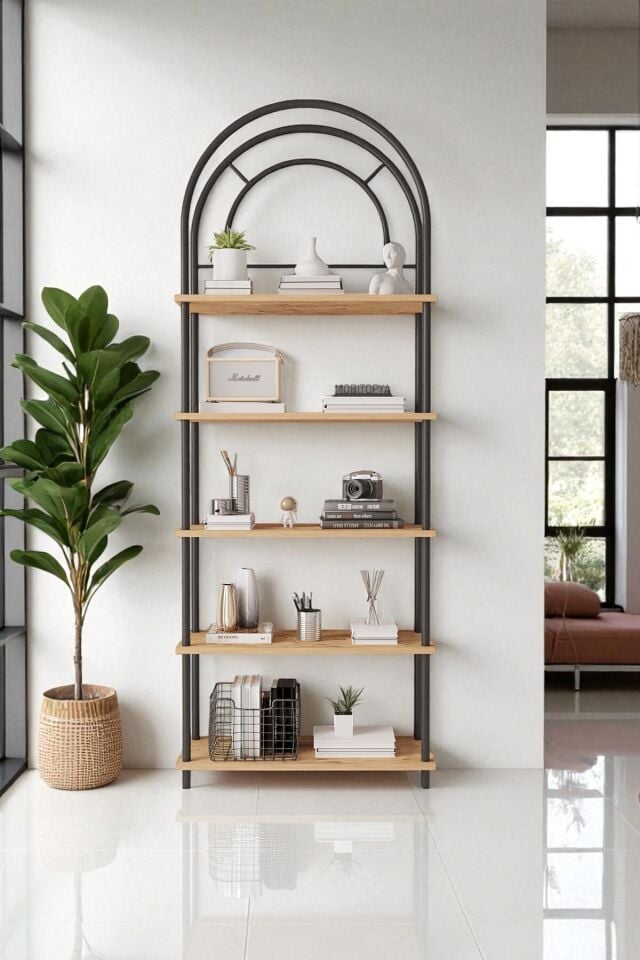 Mobitopya Bohem Kitaplık | Çok Amaçlı 5 Raflı Dekoratif Dolap 199x71x29 Cm Atlantik Çam - Siyah Demir
