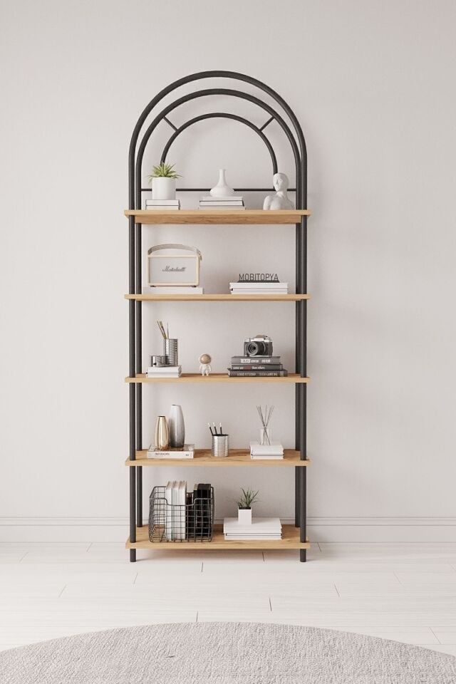 Mobitopya Bohem Kitaplık | Çok Amaçlı 5 Raflı Dekoratif Dolap 199x71x29 Cm Atlantik Çam - Siyah Demir