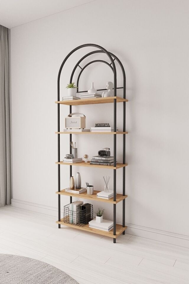 Mobitopya Bohem Kitaplık | Çok Amaçlı 5 Raflı Dekoratif Dolap 199x71x29 Cm Atlantik Çam - Siyah Demir