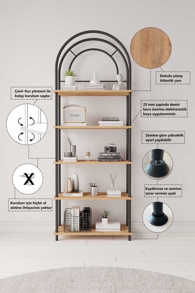 Mobitopya Bohem Kitaplık | Çok Amaçlı 5 Raflı Dekoratif Dolap 199x71x29 Cm Atlantik Çam - Siyah Demir