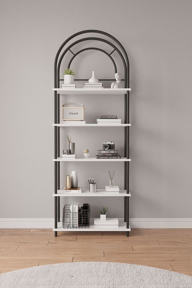 Çevir Kur Bohem Kitaplık | Çok Amaçlı 5 Raflı Dekoratif Dolap 199x71x29 Cm Beyaz