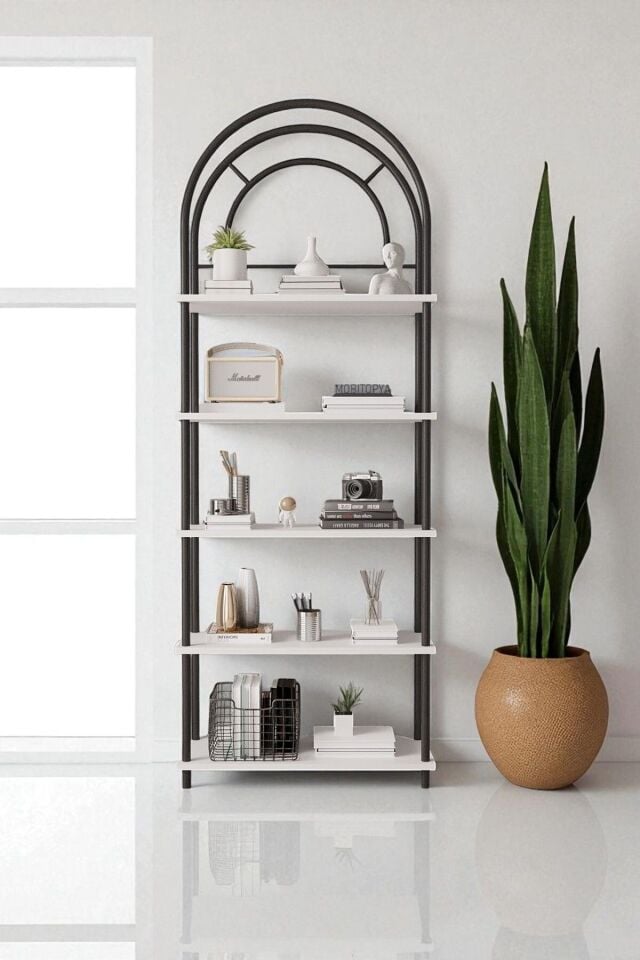 Çevir Kur Bohem Kitaplık | Çok Amaçlı 5 Raflı Dekoratif Dolap 199x71x29 Cm Beyaz