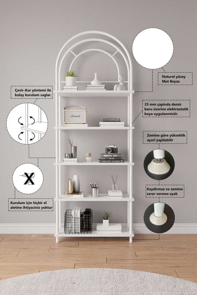 Mobitopya Çevir Kur Bohem Kitaplık | Çok Amaçlı 5 Raflı Dekoratif Dolap 199x71x29 Cm Beyaz - Beyaz Demir
