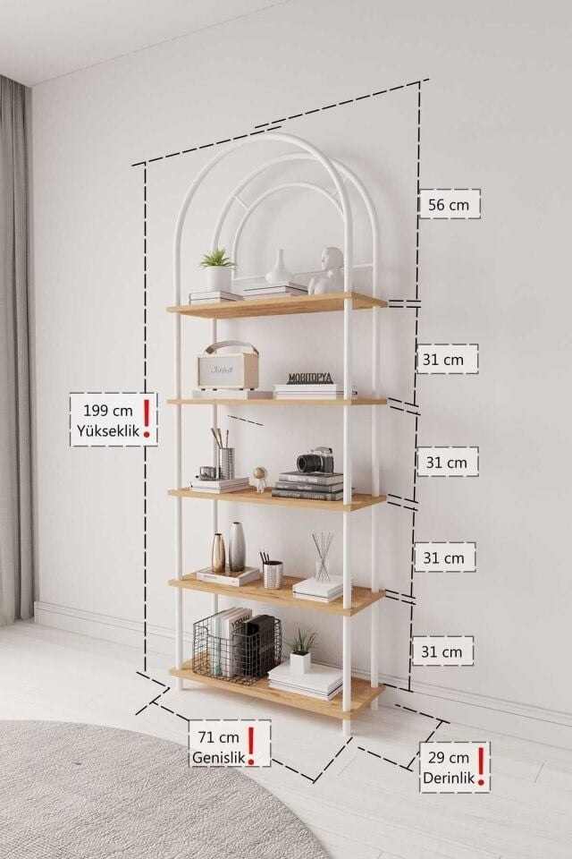 Mobitopya Çevir Kur Bohem Kitaplık | Çok Amaçlı 5 Raflı Dekoratif Dolap 199x71x29 Cm Atlantik Çam - Beyaz Demir