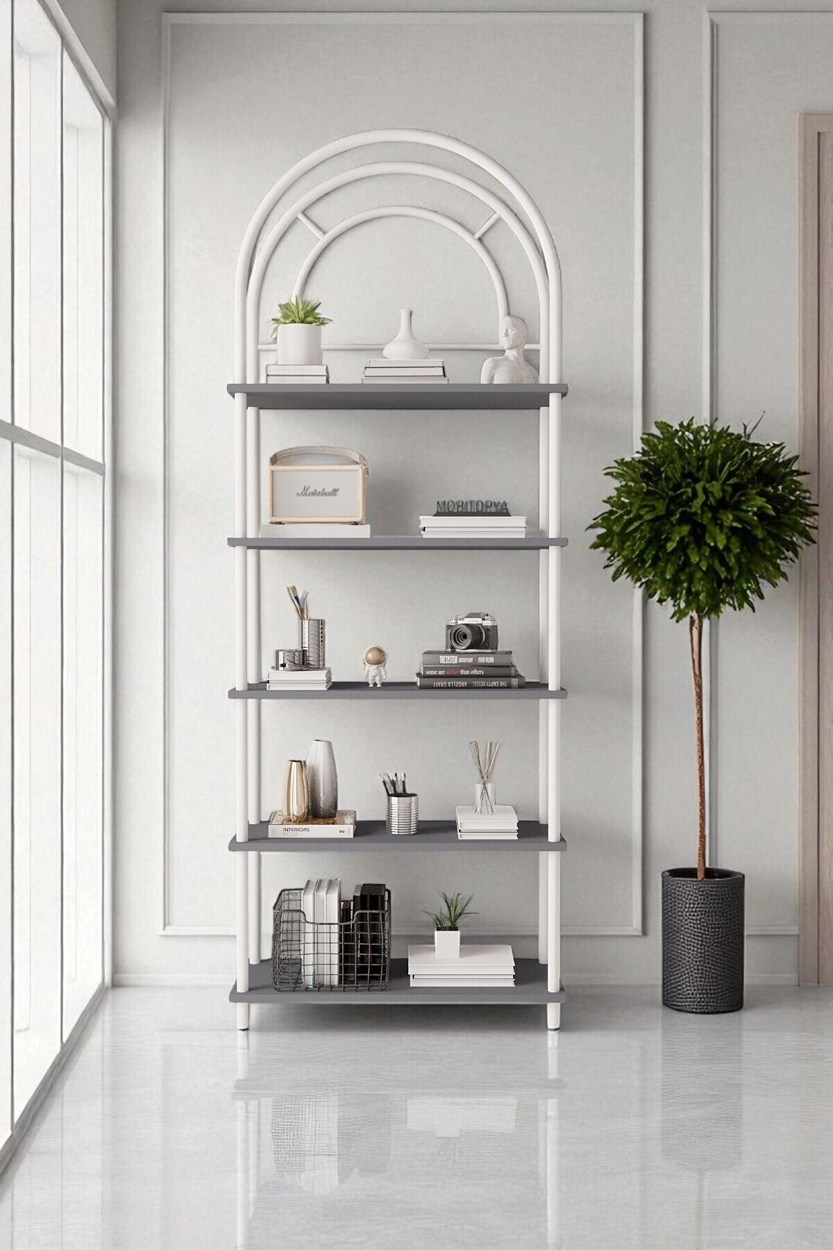 Mobitopya Çevir Kur Bohem Kitaplık | Çok Amaçlı 5 Raflı Dekoratif Dolap 199x71x29 Cm Antrasit - Beyaz Demir