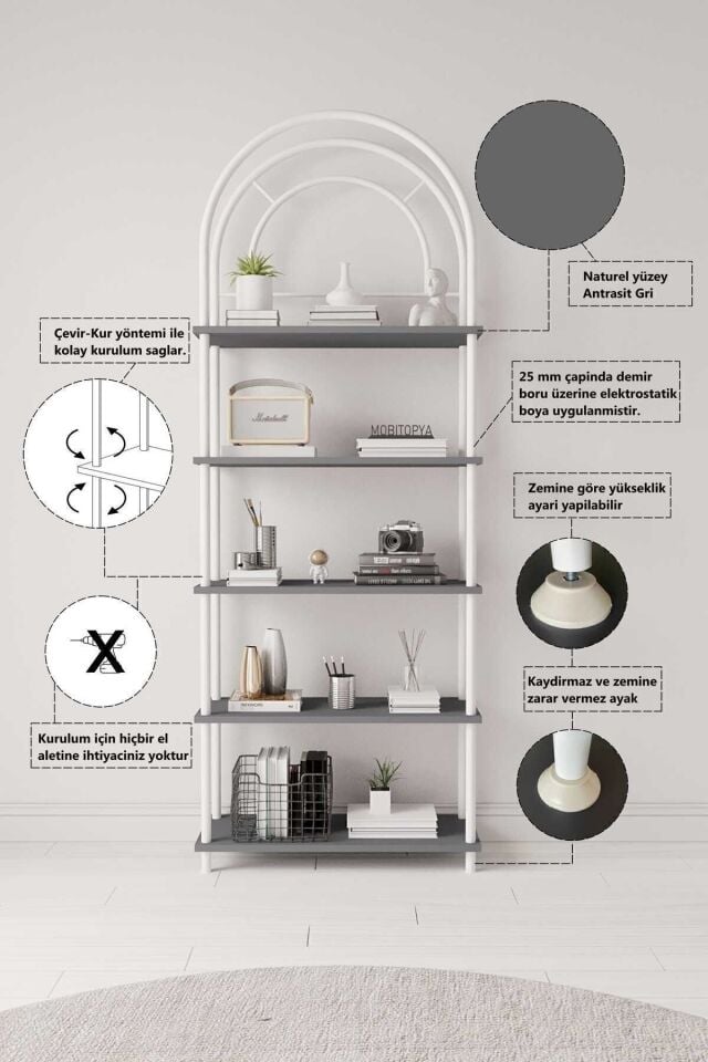 Mobitopya Çevir Kur Bohem Kitaplık | Çok Amaçlı 5 Raflı Dekoratif Dolap 199x71x29 Cm Antrasit - Beyaz Demir
