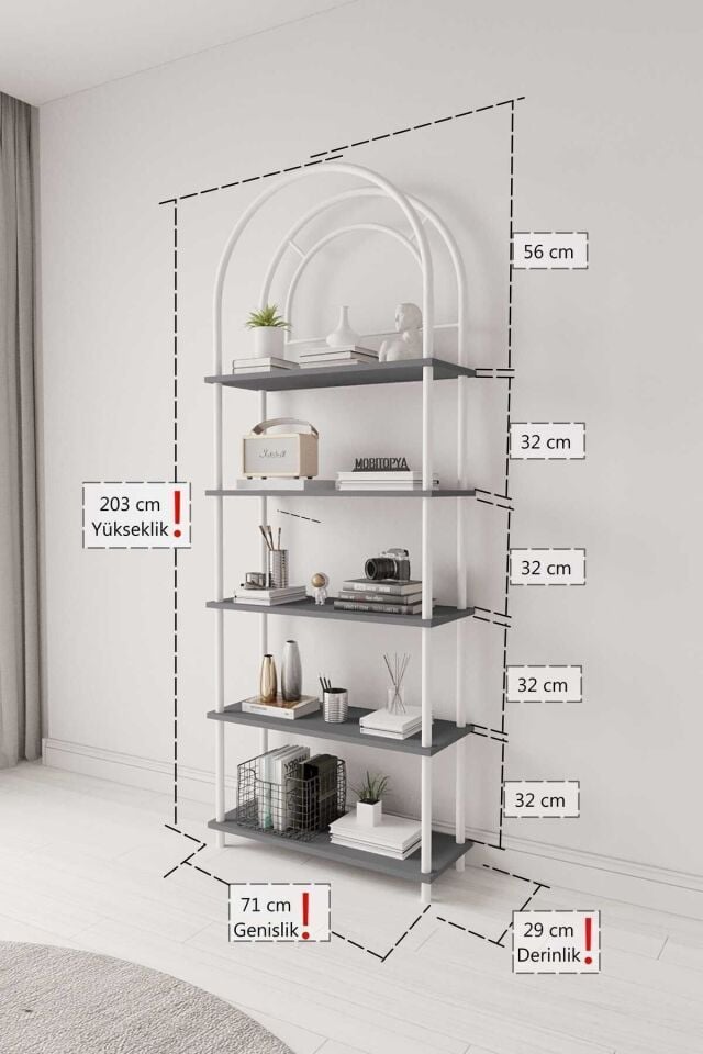 Mobitopya Çevir Kur Bohem Kitaplık | Çok Amaçlı 5 Raflı Dekoratif Dolap 199x71x29 Cm Antrasit - Beyaz Demir
