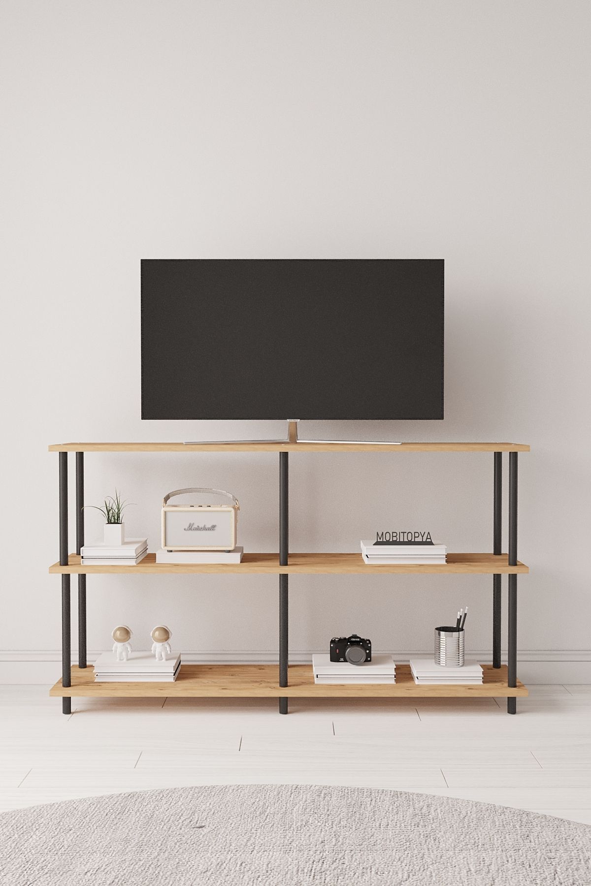 Çevir Kur 150 cm Tv Ünitesi | Açık Raflı Tv Sehpası Ve Çok Amaçlı Düzenleyici Atlantik Çam