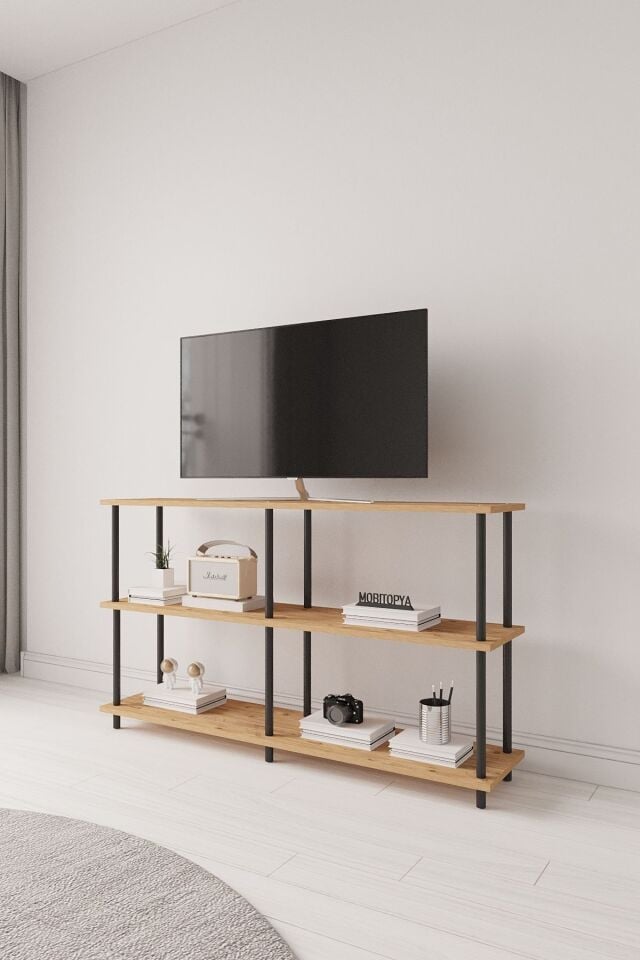Çevir Kur 150 cm Tv Ünitesi | Açık Raflı Tv Sehpası Ve Çok Amaçlı Düzenleyici Atlantik Çam