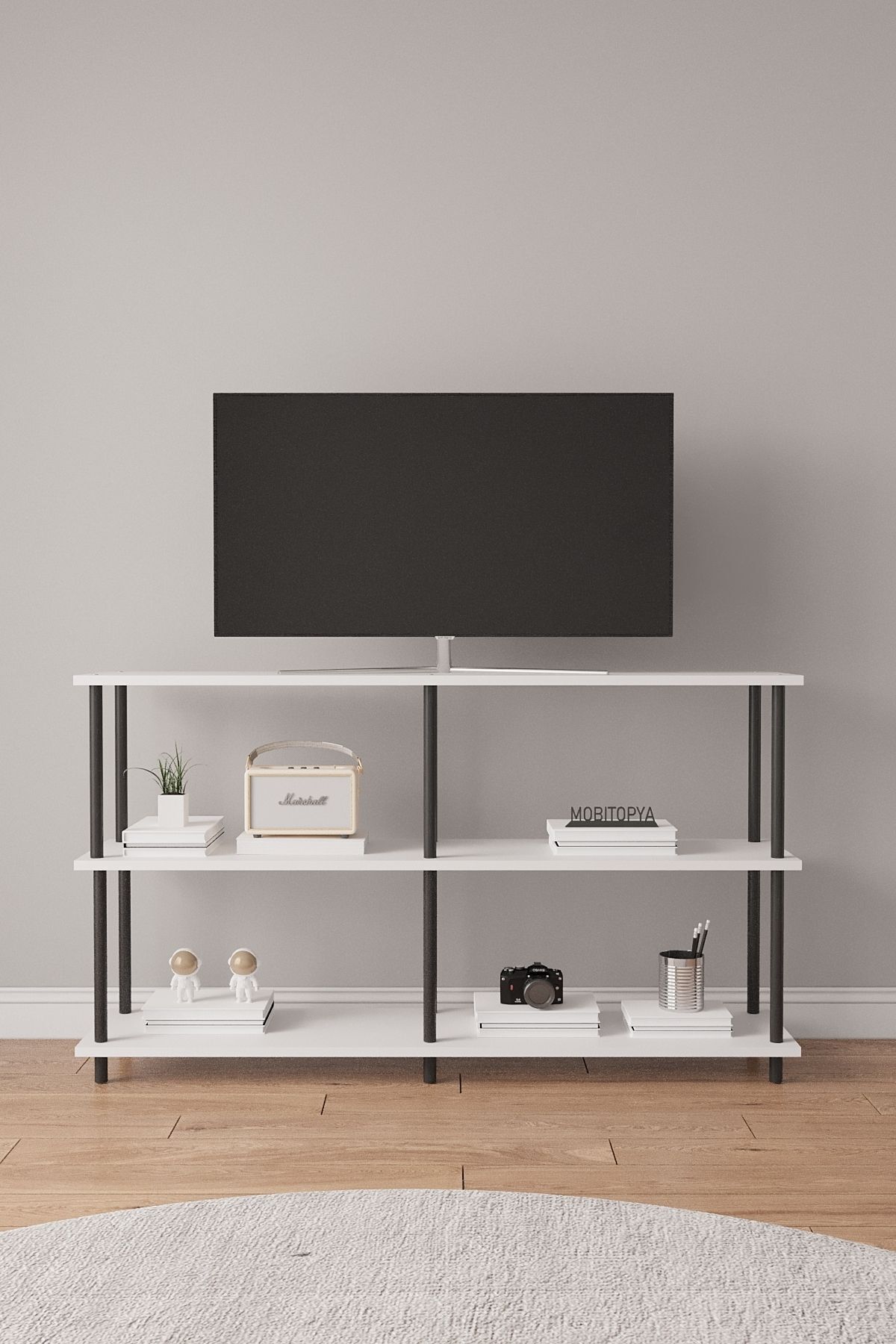 Çevir Kur 150 cm Tv Ünitesi | Açık Raflı Tv Sehpası Ve Çok Amaçlı Düzenleyici Beyaz