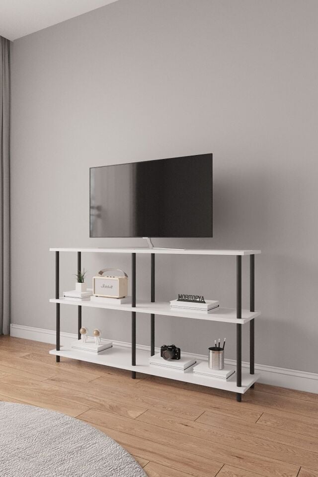 Çevir Kur 150 cm Tv Ünitesi | Açık Raflı Tv Sehpası Ve Çok Amaçlı Düzenleyici Beyaz