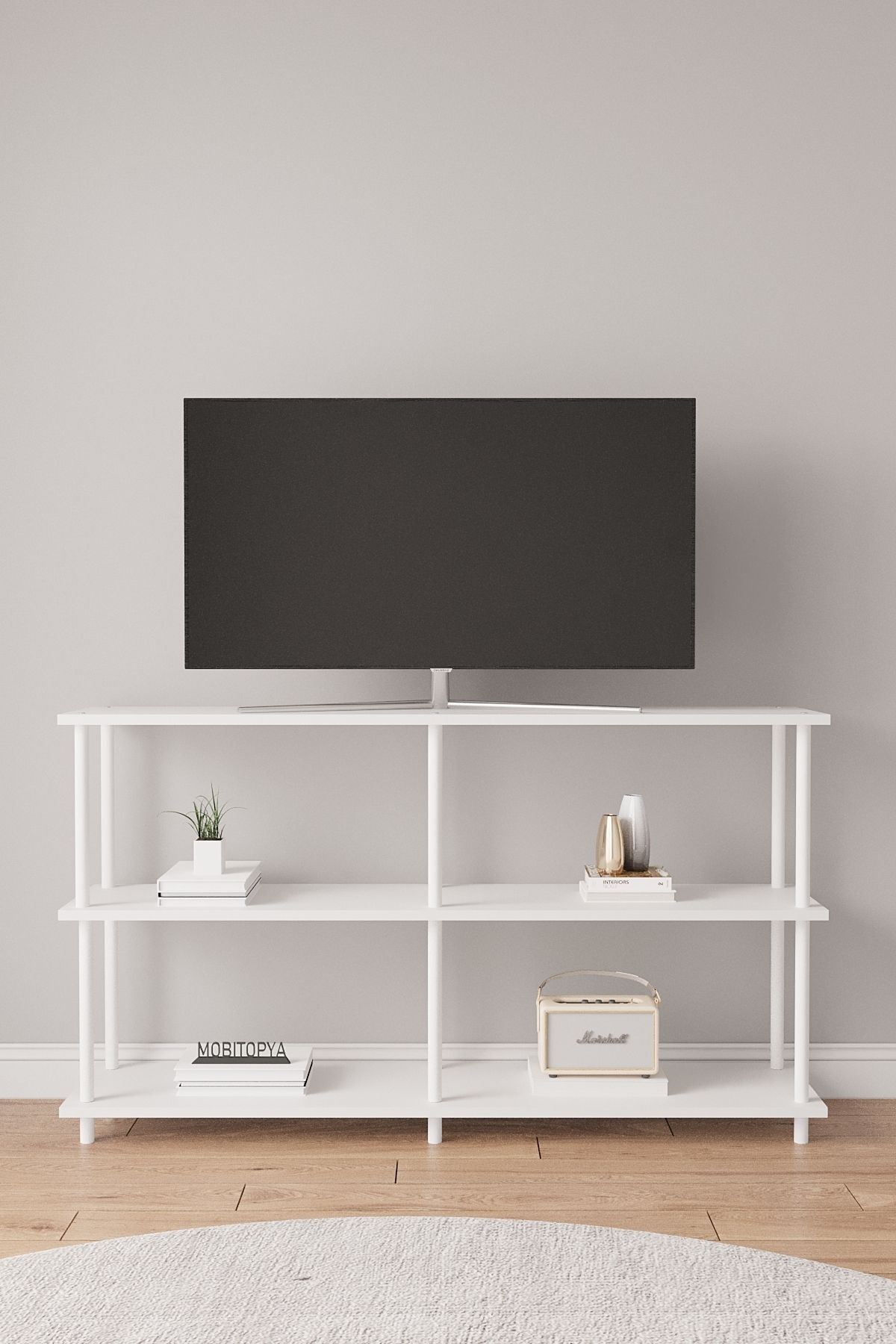 Çevir Kur 150 cm Tv Ünitesi | Açık Raflı Tv Sehpası Ve Çok Amaçlı Düzenleyici Beyaz - Beyaz Demir