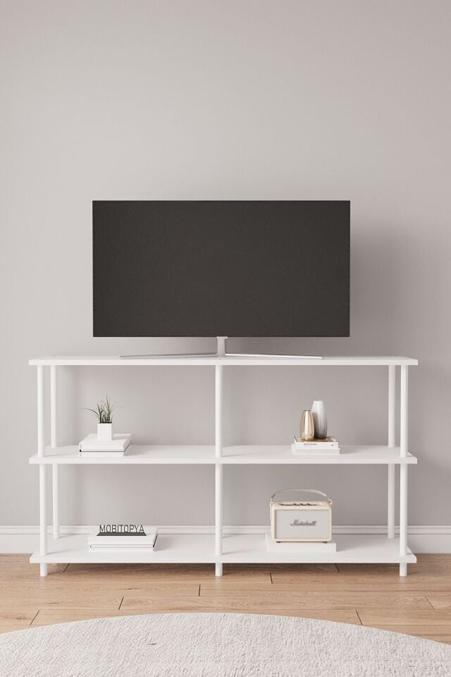 Çevir Kur 150 cm Tv Ünitesi | Açık Raflı Tv Sehpası Ve Çok Amaçlı Düzenleyici Beyaz - Beyaz Demir