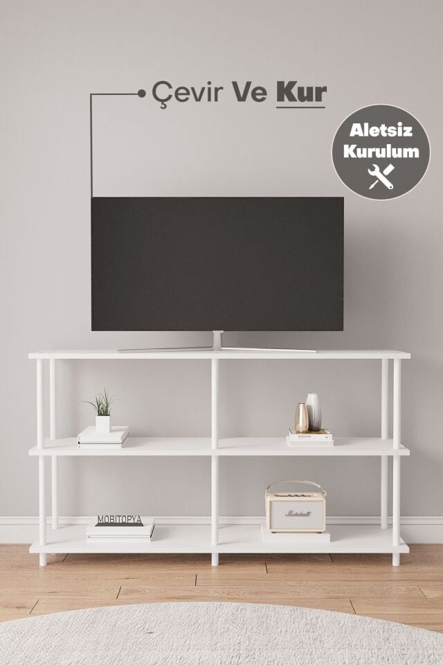Çevir Kur 150 cm Tv Ünitesi | Açık Raflı Tv Sehpası Ve Çok Amaçlı Düzenleyici Beyaz - Beyaz Demir