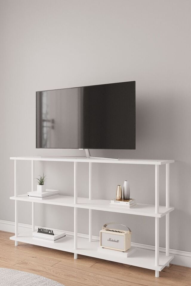 Çevir Kur 150 cm Tv Ünitesi | Açık Raflı Tv Sehpası Ve Çok Amaçlı Düzenleyici Beyaz - Beyaz Demir