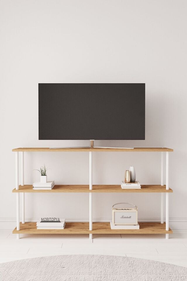 Çevir Kur 150 cm Tv Ünitesi | Açık Raflı Tv Sehpası Ve Çok Amaçlı Düzenleyici Atlantik Çam - Beyaz Demir