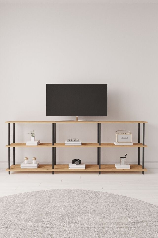 Çevir Kur 200 cm Tv Ünitesi | Açık Raflı Tv Sehpası Ve Çok Amaçlı Düzenleyici Atlantik Çam