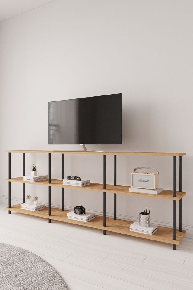 Çevir Kur 200 cm Tv Ünitesi | Açık Raflı Tv Sehpası Ve Çok Amaçlı Düzenleyici Atlantik Çam