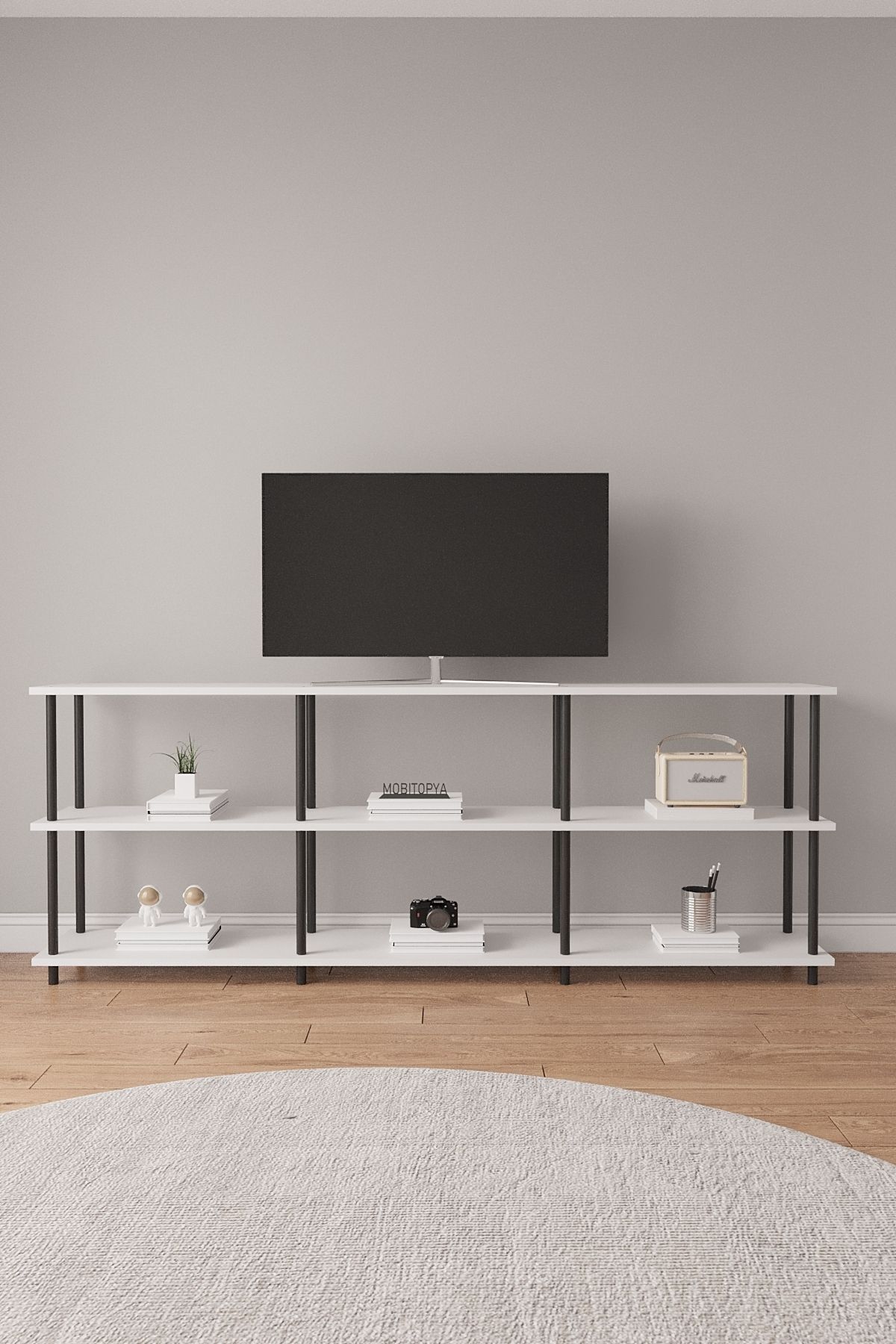 Çevir Kur 200 cm Tv Ünitesi | Açık Raflı Tv Sehpası Ve Çok Amaçlı Düzenleyici Beyaz