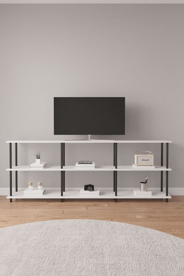 Çevir Kur 200 cm Tv Ünitesi | Açık Raflı Tv Sehpası Ve Çok Amaçlı Düzenleyici Beyaz