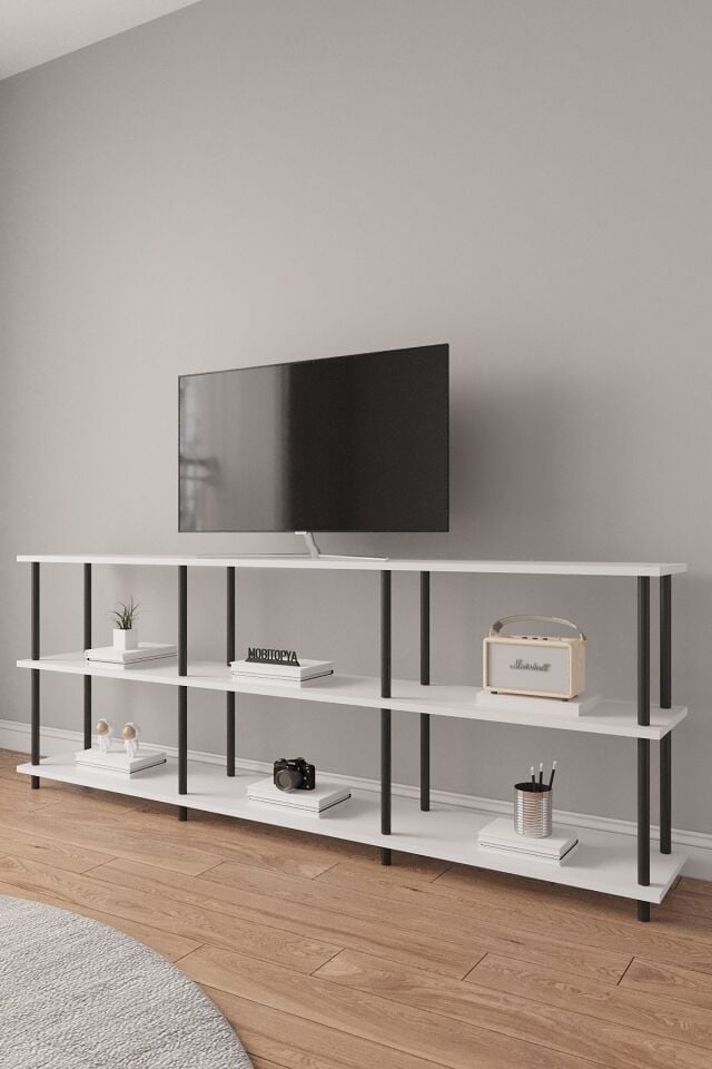 Çevir Kur 200 cm Tv Ünitesi | Açık Raflı Tv Sehpası Ve Çok Amaçlı Düzenleyici Beyaz