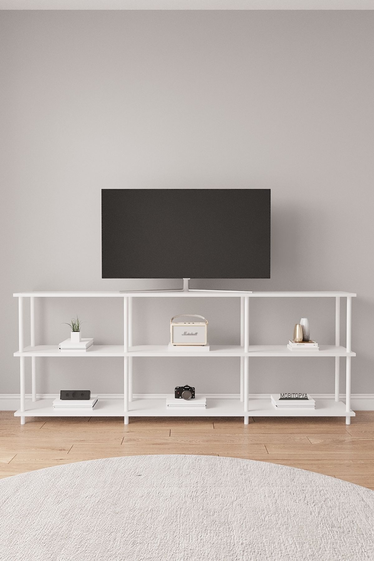 Çevir Kur 200 cm Tv Ünitesi | Açık Raflı Tv Sehpası Ve Çok Amaçlı Düzenleyici Beyaz - Beyaz Demir