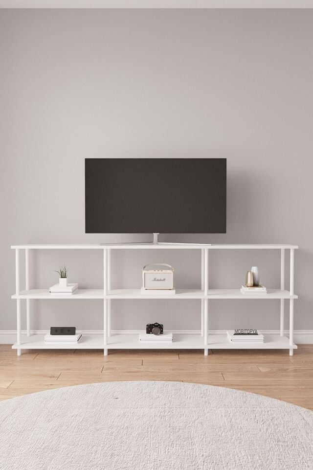 Çevir Kur 200 cm Tv Ünitesi | Açık Raflı Tv Sehpası Ve Çok Amaçlı Düzenleyici Beyaz - Beyaz Demir