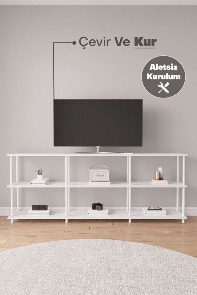 Çevir Kur 200 cm Tv Ünitesi | Açık Raflı Tv Sehpası Ve Çok Amaçlı Düzenleyici Beyaz - Beyaz Demir
