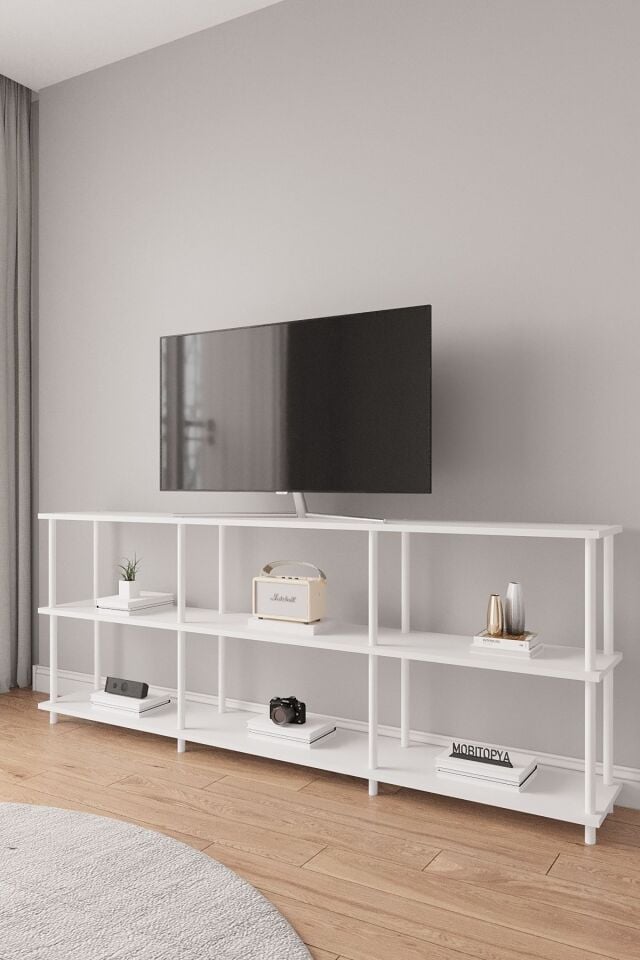 Çevir Kur 200 cm Tv Ünitesi | Açık Raflı Tv Sehpası Ve Çok Amaçlı Düzenleyici Beyaz - Beyaz Demir