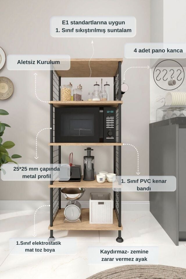 Mobitopya Çevir Kur Mutfak Rafı | Çok Amaçlı Mutfak Dolabı Düzenleyici & Organizer Stand Atlantik Çam - Siyah Demir