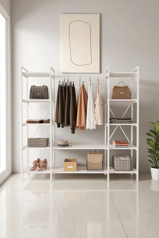 Mobitopya Nilamu Elbise Dolabı | Metal Gövdeli Açık Askılık & Organizer Dolap 175x170x34 Cm Beyaz - Beyaz Demir