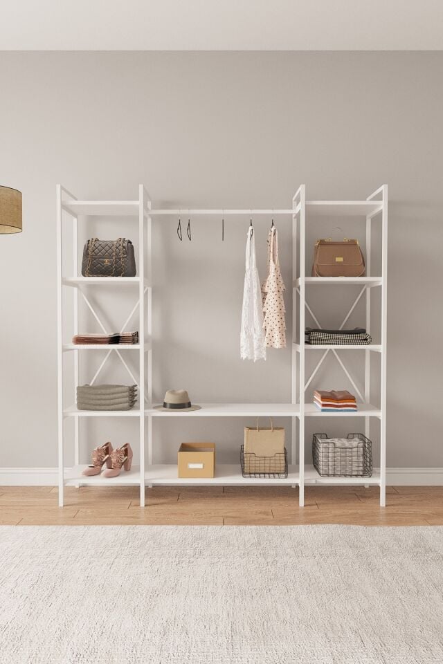 Mobitopya Nilamu Elbise Dolabı | Metal Gövdeli Açık Askılık & Organizer Dolap 175x170x34 Cm Beyaz - Beyaz Demir
