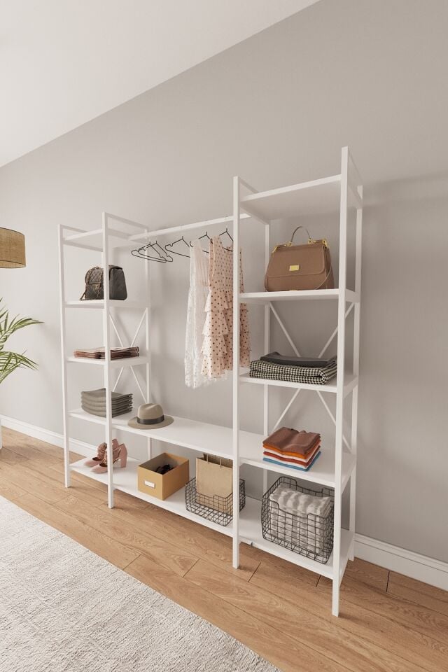 Mobitopya Nilamu Elbise Dolabı | Metal Gövdeli Açık Askılık & Organizer Dolap 175x170x34 Cm Beyaz - Beyaz Demir
