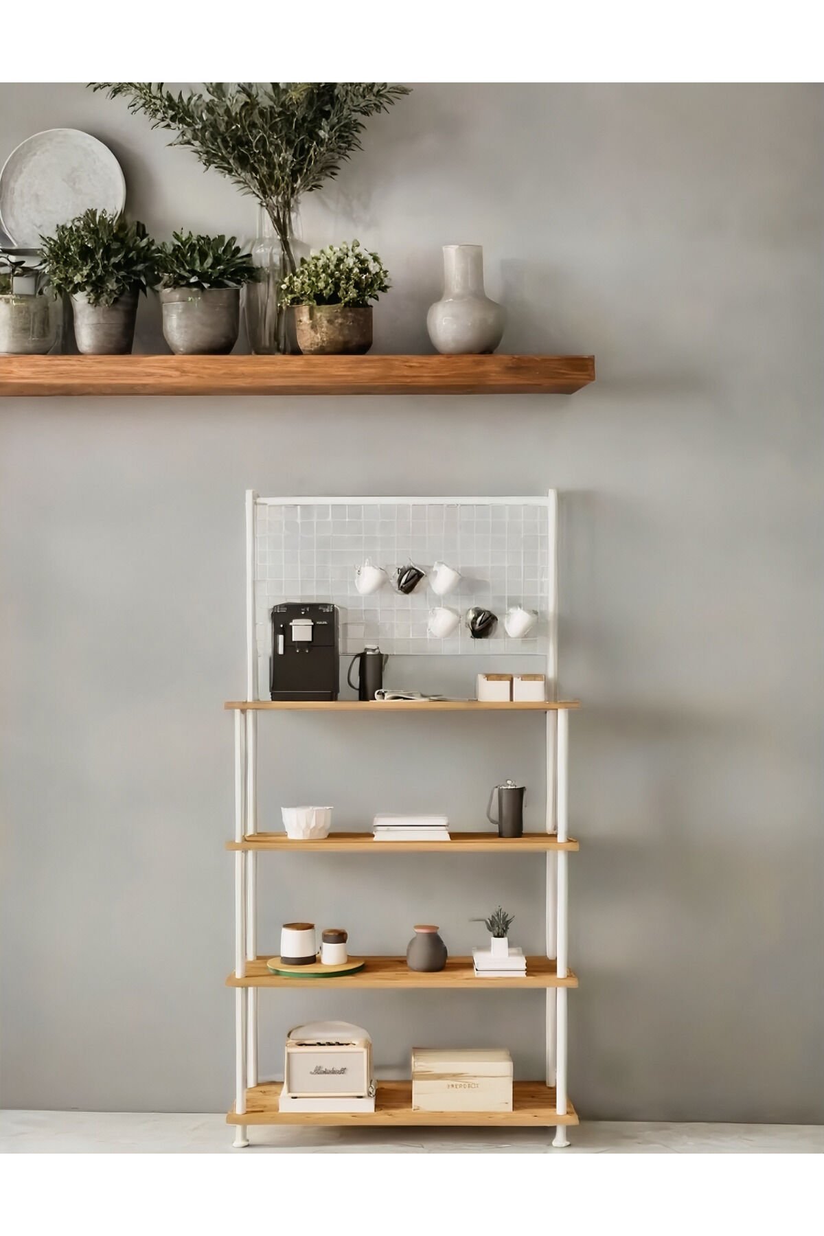 Mobitopya Çevir Kur Antrasit 4 Raflı Kahve Köşesi Dolabı | Mutfak Düzenleyici Stand 71x167x35 Cm Atlantik Çam-Beyaz Demir
