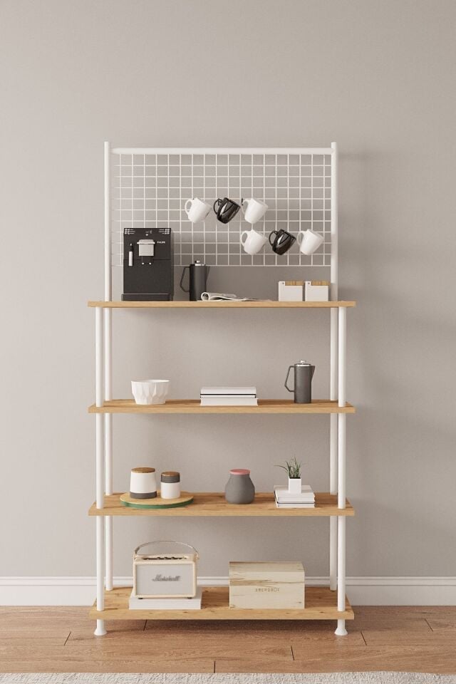 Mobitopya Çevir Kur Antrasit 4 Raflı Kahve Köşesi Dolabı | Mutfak Düzenleyici Stand 71x167x35 Cm Atlantik Çam-Beyaz Demir