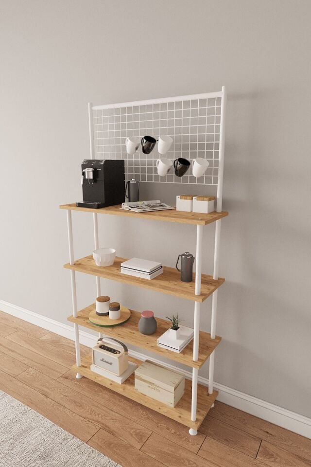 Mobitopya Çevir Kur Antrasit 4 Raflı Kahve Köşesi Dolabı | Mutfak Düzenleyici Stand 71x167x35 Cm Atlantik Çam-Beyaz Demir