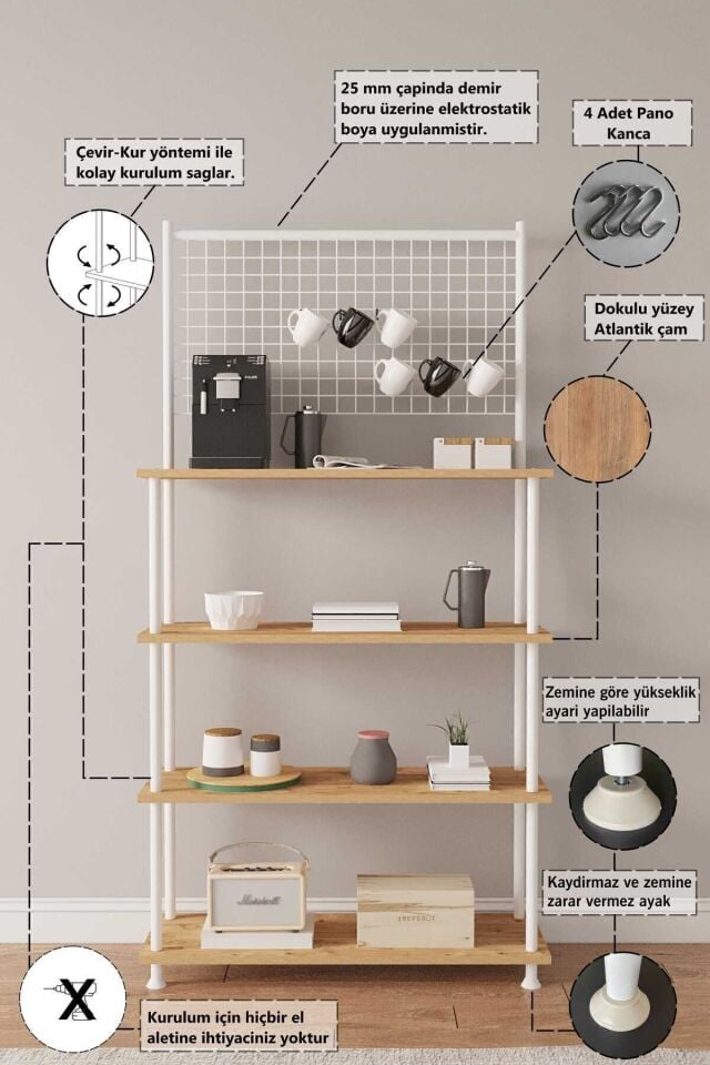 Mobitopya Çevir Kur Antrasit 4 Raflı Kahve Köşesi Dolabı | Mutfak Düzenleyici Stand 71x167x35 Cm Atlantik Çam-Beyaz Demir