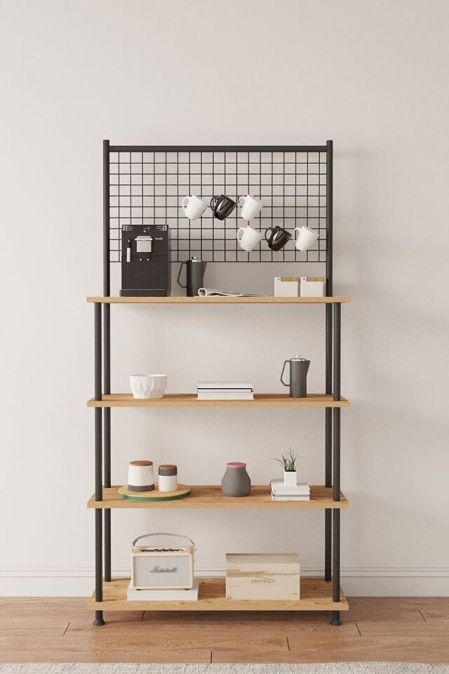 Mobitopya Çevir Kur Atlantik Çam 4 Raflı Kahve Köşesi Dolabı | Mutfak Düzenleyici, Stand, 71x167x35 Cm Atlantik Çam - Siyah Demir