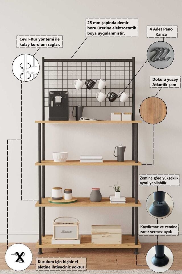 Mobitopya Çevir Kur Atlantik Çam 4 Raflı Kahve Köşesi Dolabı | Mutfak Düzenleyici, Stand, 71x167x35 Cm Atlantik Çam - Siyah Demir